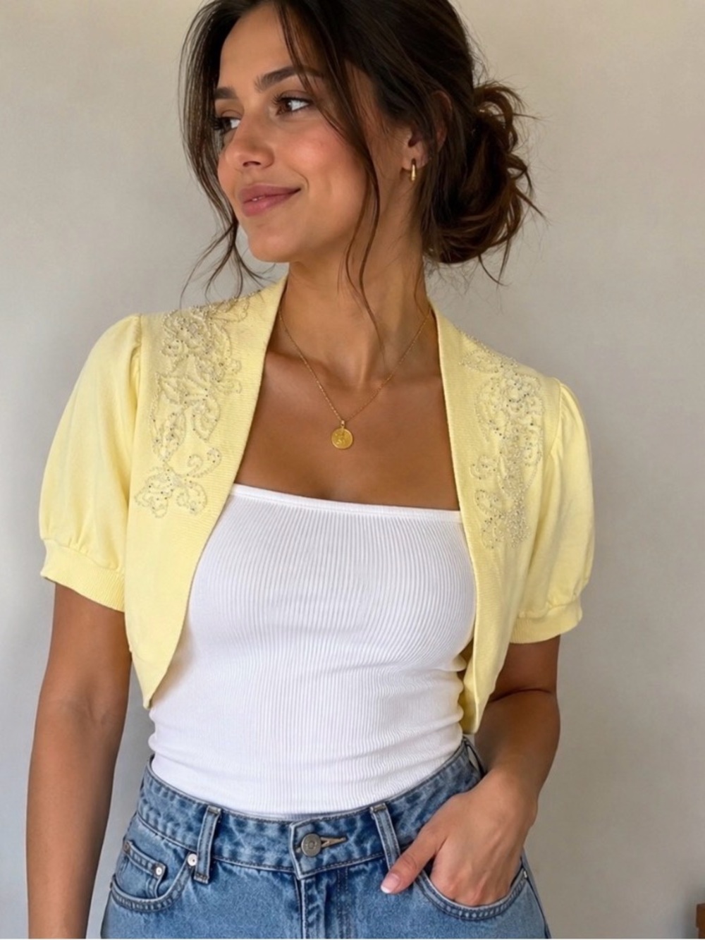 Buzzy collection women yellow beaded Embroidered Bolero shrug cardigan S